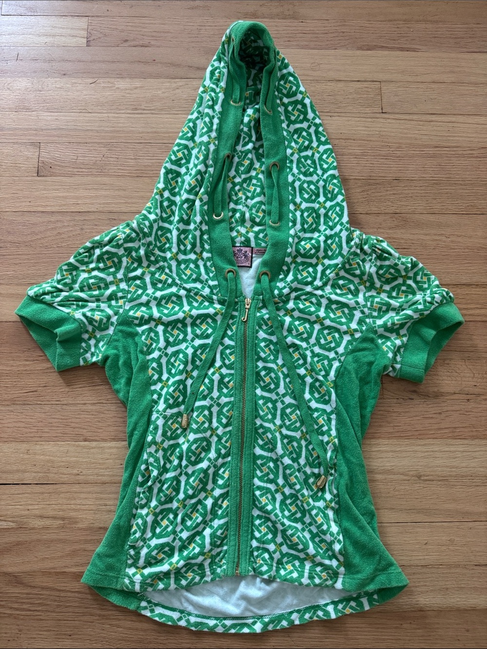 Juicy Couture Green Patterned Short-Sleeve Hooded Zip-Up
